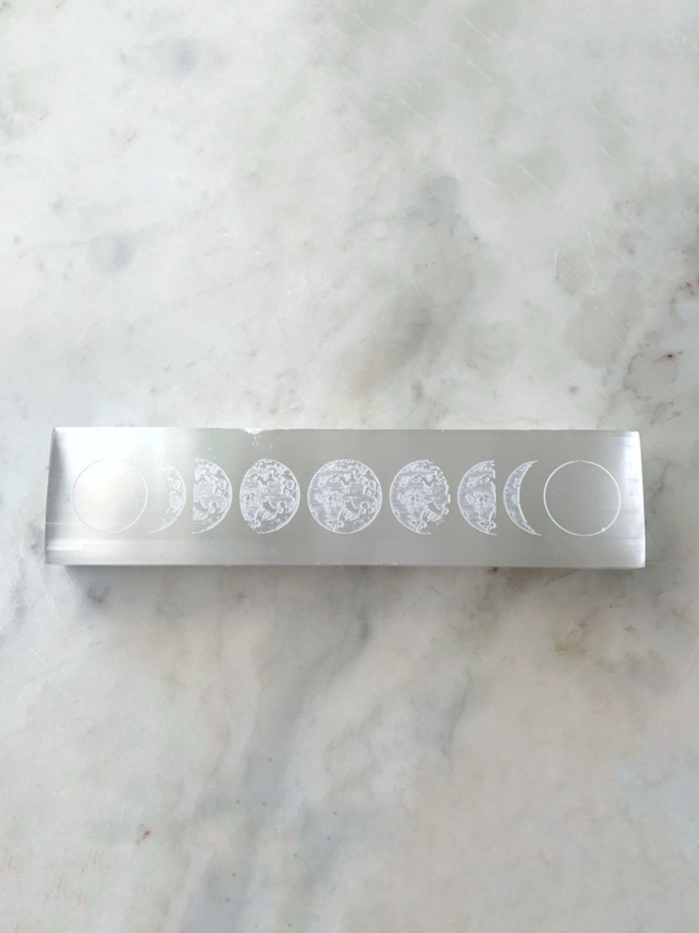 Moon Phases Selenite Charging Plate Bar, 7.75”L x 1.75”W x 0.75”H